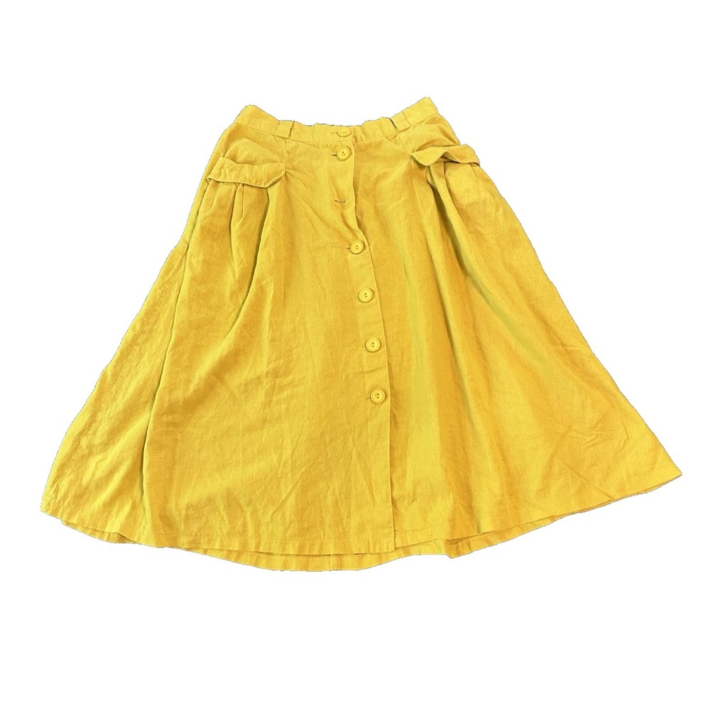 Modcloth Linen Blend Retro Womens Mustard Yellow Skirt 8 Midi Twee Pin Up Artsy - Picture 1 of 6